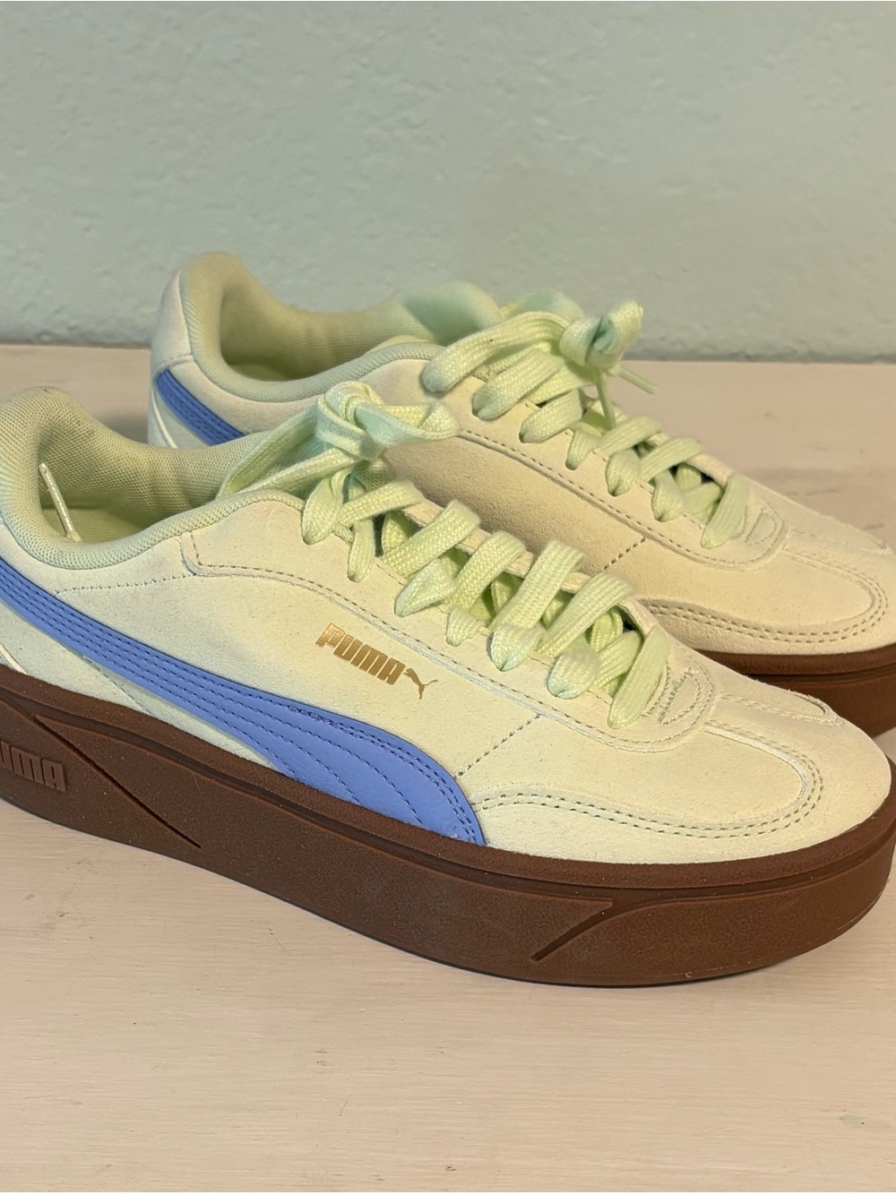 Puma Cream Suede Sneakers with Blue Stripe and Brown Platform